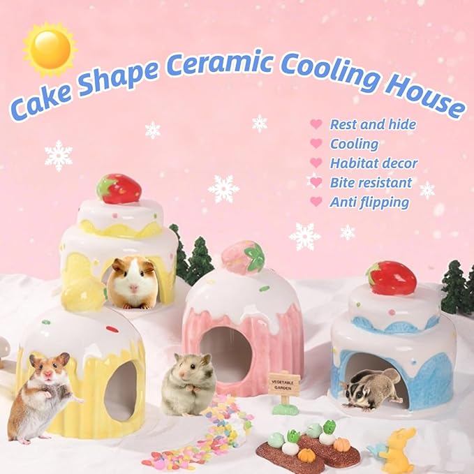 Cake-Shaped Ceramic Hamsters Hideout,Small Animal Summer Cage Accessories,Habitat Decor for Mice Gerbil Sugar Glider (Yellow)