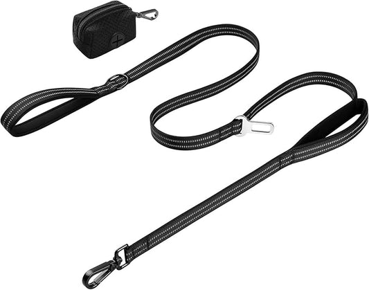 WINGOIN Dog Leash for Large Medium Small Dogs, Heavy Duty Dog Leashes with Double Handle, Poop Bag Holder, Car Seat Belt Buckle, Reflective Tactical Pet Lead for Walking, Training (Black, 5FT)