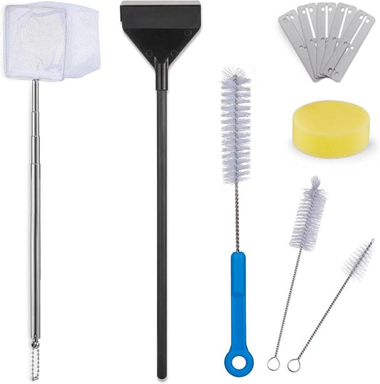 URUQ 7-in-1 Fish Tank Cleaning Kit with Algae Scraper & Aquarium Brushes | Includes Fish Net, Sponge, Spare Blades, Multiple Tools for Easy Routine Tank Maintenance
