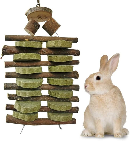 Hamiledyi Bunny Chew Toys for Teeth Organic Fruitwood Sticks for Bunny Rabbits Chinchilla Guinea Pigs Hamsters Parrots and Other Small Animals Chewing and Playing Pet Snacks Toys with Grass Cake