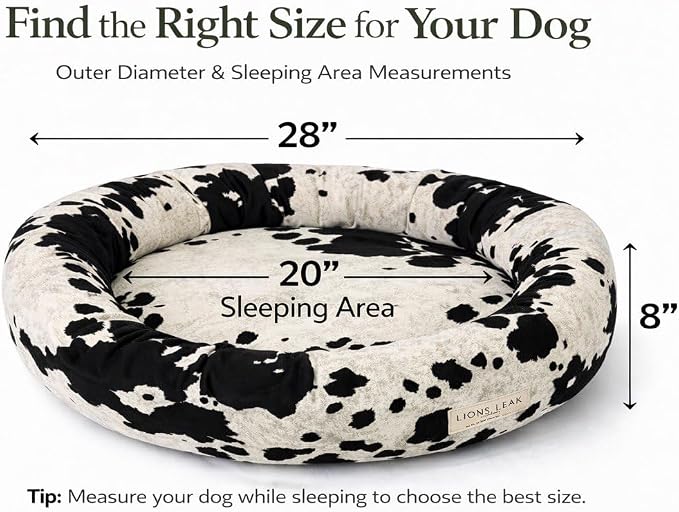 Round Dog Bed – Natural Canvas, Removable Washable Cover, Raw Cotton or Latex Fill, Hypoallergenic Non-Toxic, Made in USA (Cow Print Black White, Medium, Soft Comfort – Organic Latex)