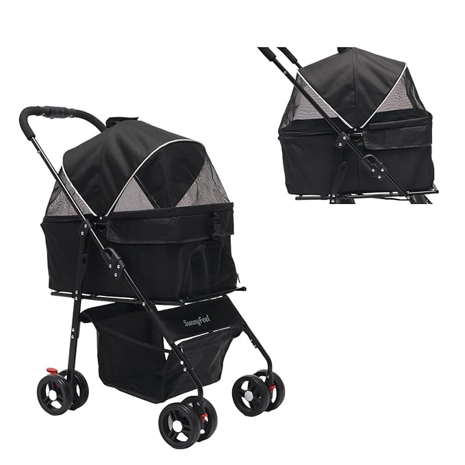 SUNNYFEEL Pet Stroller for Small Dogs and Cats, Iron Two-in-one Split, One-Click Foldable Dog Stroller, Holds up to 45 lbs, Storage Basket & Side Bag, Breathable Mesh, Black-pro