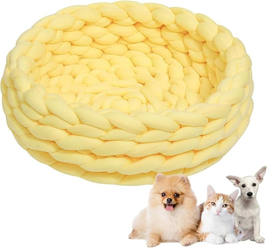 Woven Dog Bed Basket, Knitted Cotton Cat Bed Round Washable Woven Cat Pet Bed Chunky Dog Basket, Orthopedic, Chunky Knit Dog Nest,Dog Bed,Dog Cave,Dog Bedding(Yellow,17")