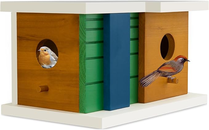 Bird House Wooden Birdhouse with 2 Holes - Bird House for Outside Ideal for Bluebird,Finch, Cardinals and Garden Wild Birds - Outdoor Hanging Bird Nesting Box