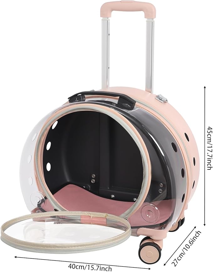 Cat Carrier with Wheels, Breathable Cat Rolling Carrier with Telescopic Handle, Bubble Cat Backpack Carrier, Pet Travel Bag for Small Dogs Pets, up to 19lbs, 15.7" x 10.6" x 17.7" (Pink)