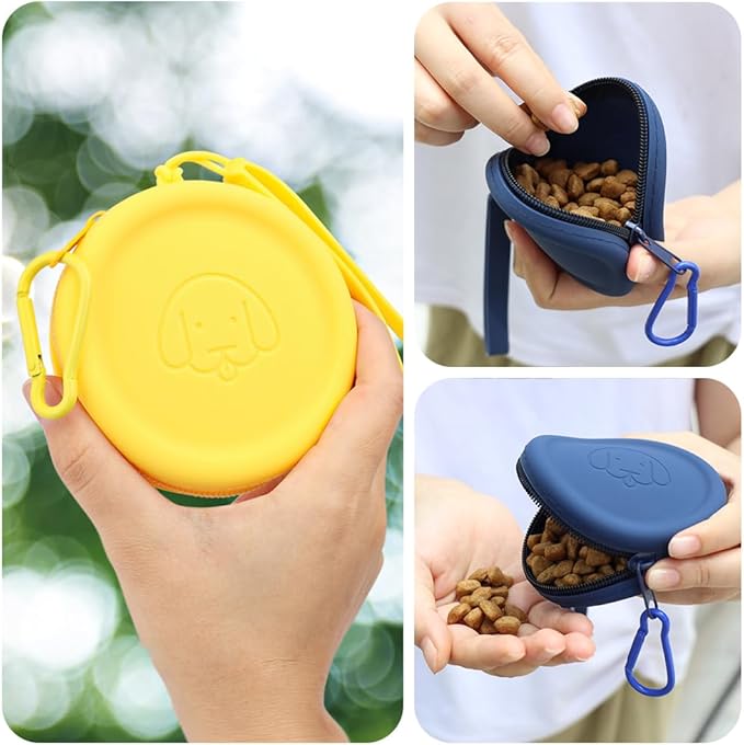 WALLFID Silicone Dog Treat Pouch Small Bag,with Pet Training Clicker,Walking Bag for Dog and Cat, Pocket Size, Easy to Clean, Odorless, Zipper Design,Moisture-Proof,Travel Walking Bag.(Yellow)
