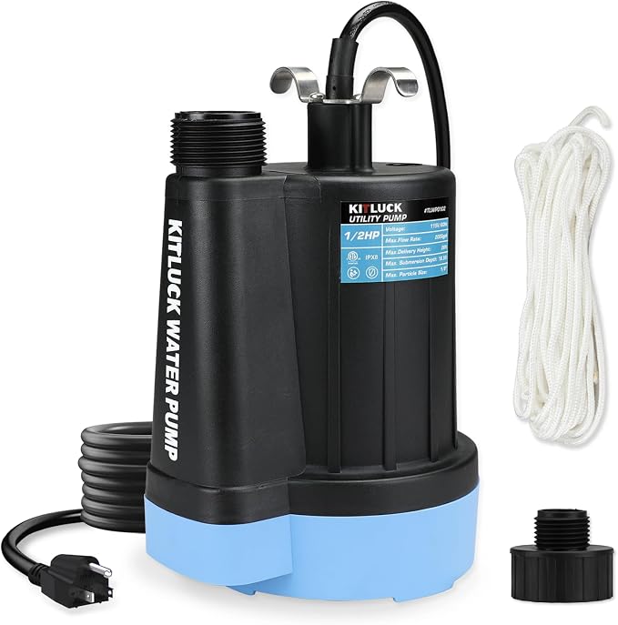 KITLUCK Submersible Water Pump, 1/2HP Thermoplastic Sump Pump, Portable Utility Pump with 10ft Cord, Hose Adapter, 2000GPH High Flow Water Removal for Swimming Pool, Garden Pond, Flood Basement, Tub