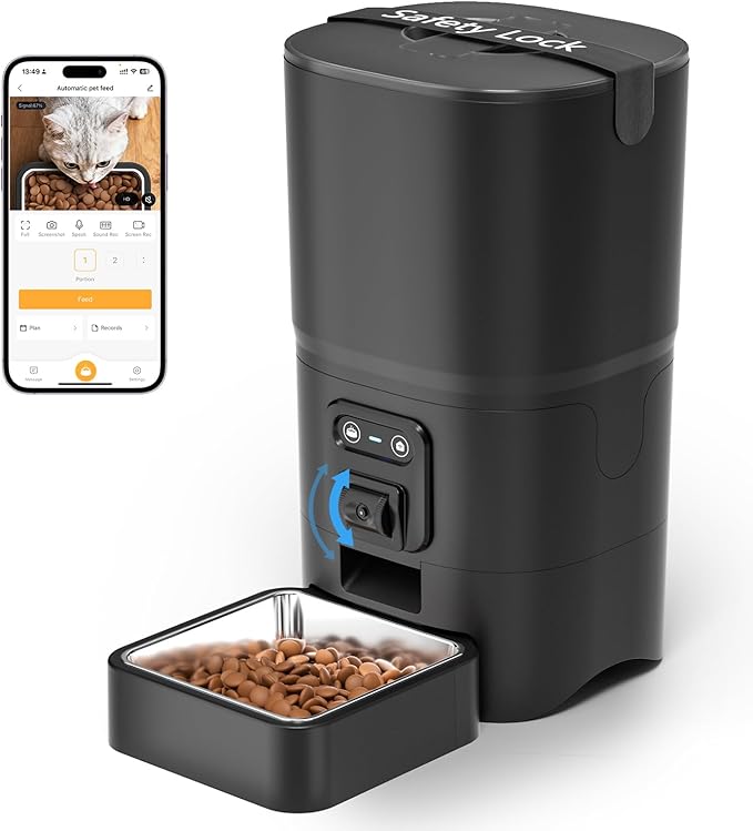 PAPIFEED Automatic Cat Feeder with Camera, 6L Cat Food Dispenser with App, 2.4G WiFi Timed Cat Feeder for Dry Food, 2-Way Audio, Smart Pet Feeder for Small Dog, 10 Meals/Day, 12 Portions/Meal