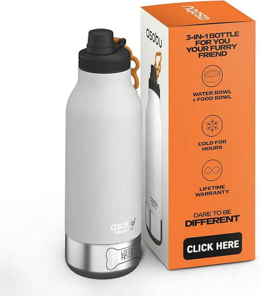 asobu Buddy Bottle a Stainless Steel Insulated Water Bottle for with Removable Dog Water Bowl and Dog Food and Treat Storage Bowl (White, 34 oz Water Bottle | 2 Bowls)