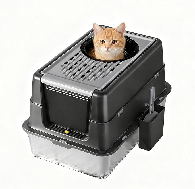 Stainless Steel Cat Litter Box with Lid - Enclosed Covered Metal Kitty Litter Box Enclosure with 180° Flip-Top, Leak-Proof High Sided Cat Box & Scooper, Easy to Clean, Odor Control, for All Cat Sizes