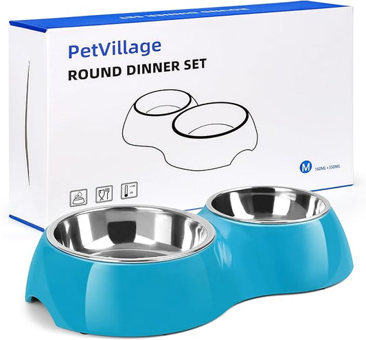 Double Dog Bowls and Food Bowls,Includes Small (4 fl oz) & Medium (10 fl oz) & Non-Slip Resin Station,Pet Feeder for Puppy Medium Dogs Cats - Blue