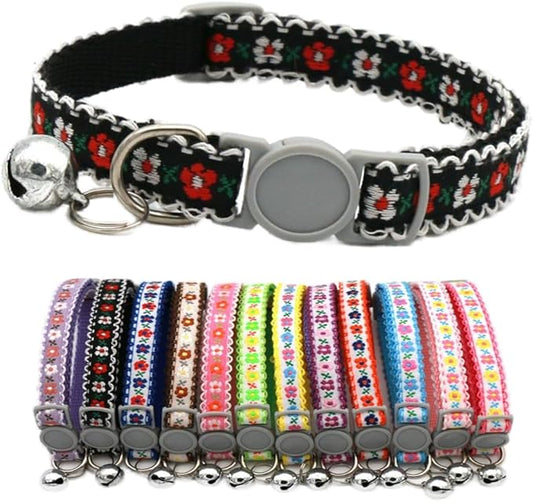 Black Cat Collar Breakaway with Bell, Break Away Kitten Collar with Bells, Cute Flower Tiny Dog Collar for XXS Xs Little Pet Dogs, Neck 7.5-12inch