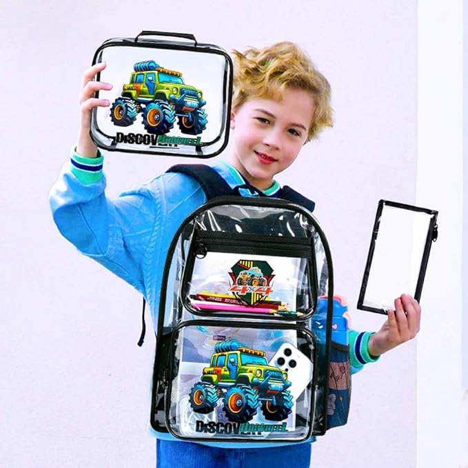 Clear Backpack for Girls and Boys, Kids Transparent Bookbag, 3PCS Cute See Through School Bag for Elementary Prechool