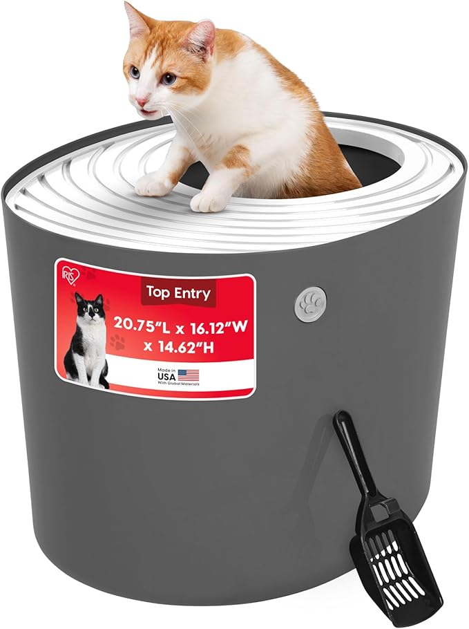 IRIS USA Cat Litter Box Large Top Entry with Lid Enclosed Covered Hooded Design Litter Catching Scatter Shield Pan Dog Proof Pet Proof Scoop Included Odor Control for Cats Kittens Dark Gray/White