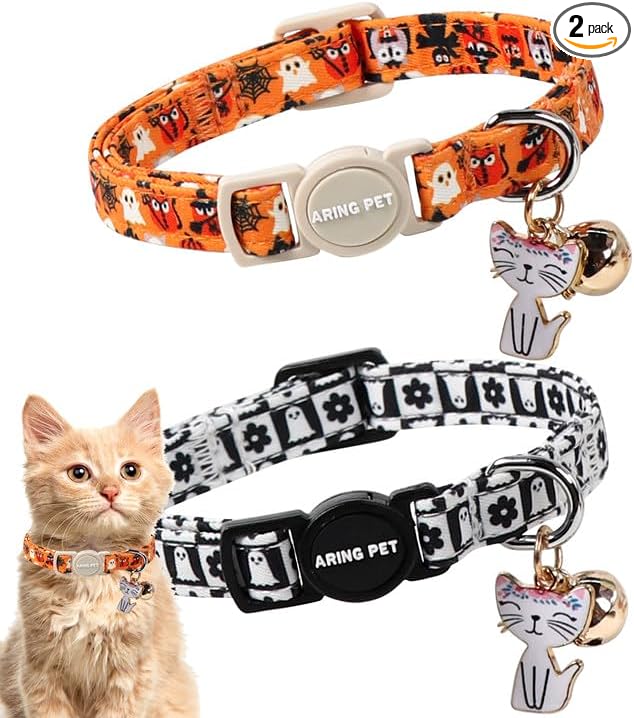 ARING PET 2 Pack Halloween Cat Collars, Breakaway Orange Black White Cotton Kitten Collar with Bells for Girl Boy Cats Ghost Spider Web
