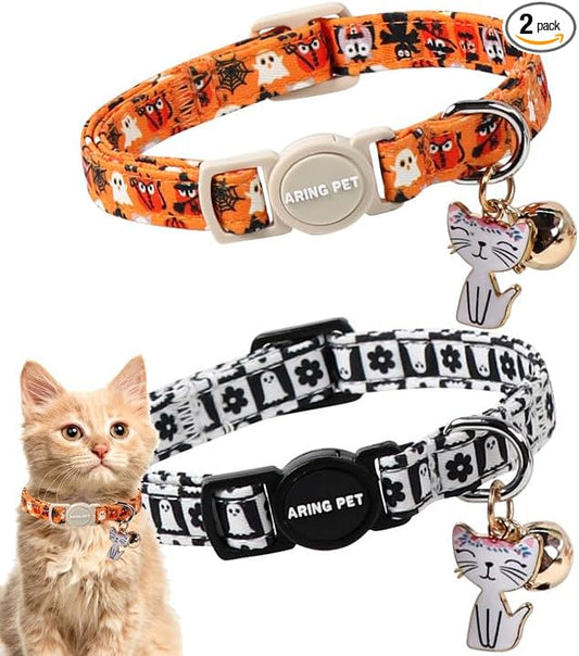 ARING PET 2 Pack Halloween Cat Collars, Breakaway Orange Black White Cotton Kitten Collar with Bells for Girl Boy Cats Ghost Spider Web