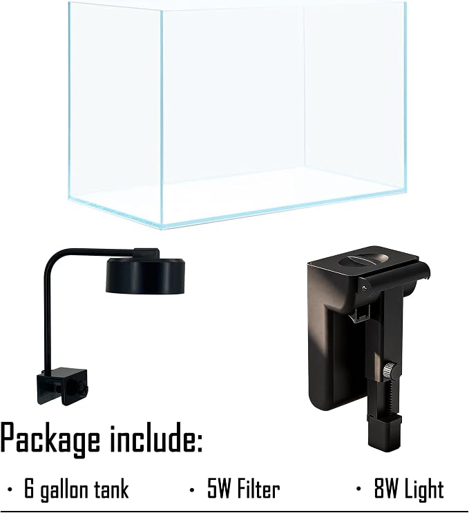 Fish Tank Starter Kits, Low Iron Glass Aquarium with Filter, Led Light for Aquascape DIY Small Betta Fish Tank (6 Gallons)