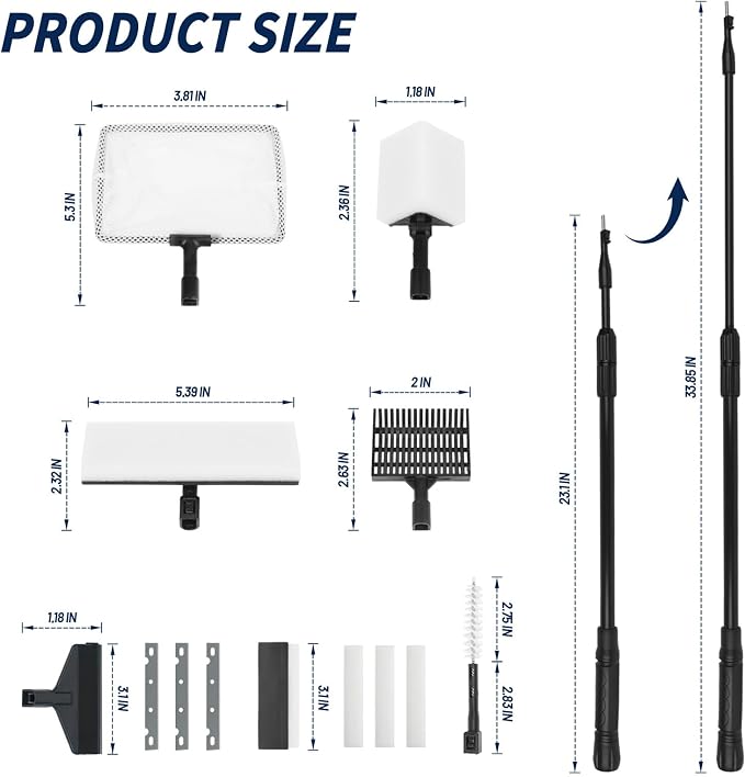 RUKANG Fish Tank Cleaner, 6 in 1 Aquarium Cleaning Tools Kit with 23~34 Inches Adjustable Long Handle Replaceable Blade Silicone Strip Algae Scraper Scrubber Brushes Set