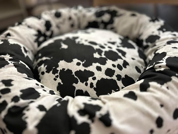 Organic Cotton Canvas Dog Bed: Removable Cover, Natural Fill - Made in USA (Cow Print Black White, X Large 42" x 8" inches)
