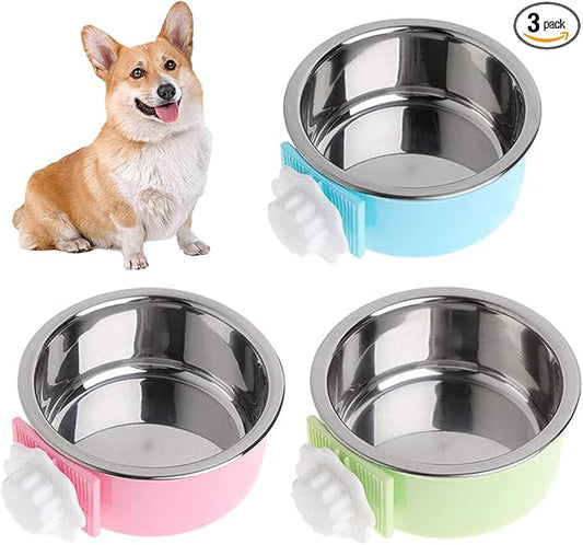 kathson Crate Dog Bowl, Removable Stainless Steel Hanging Pet Cage Bowl Food & Water Feeder Coop Cup for Cat, Puppy, Birds, Rats, Guinea Pigs (3 PCS, Size: L, Blue, Green, Pink)
