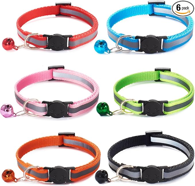 6 Pack Reflective Cat Collar with Bell, Breakaway and Safe Collars for Cats, Nylon, Pet Collar Mixed Colors Adjustable19-32cm