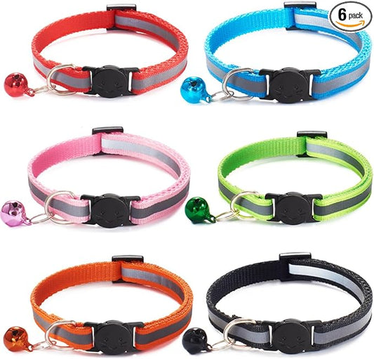 6 Pack Reflective Cat Collar with Bell, Breakaway and Safe Collars for Cats, Nylon, Pet Collar Mixed Colors Adjustable19-32cm