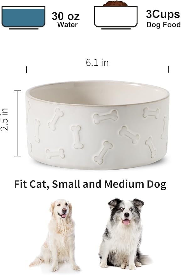 UBEE Ceramic Dog Bowl Set of 2, Dog Food Bowl Dish, Pet Food Water Dish Feeding for Small and Meidum Dogs and Large Cat, White, Bone Pattern, 6.1 in-Medium