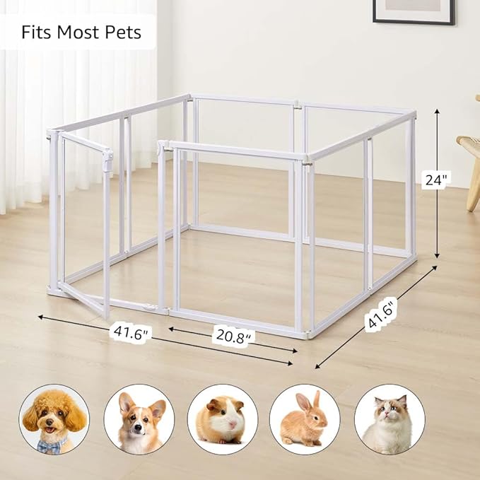 unipaws Clear Acrylic Transparent Dog Playpen, 166” Extra Wide 8 Panels Freestanding Walk Through Dog Gate, Foldable Pet Pen Whelping Cage for Puppy Cats