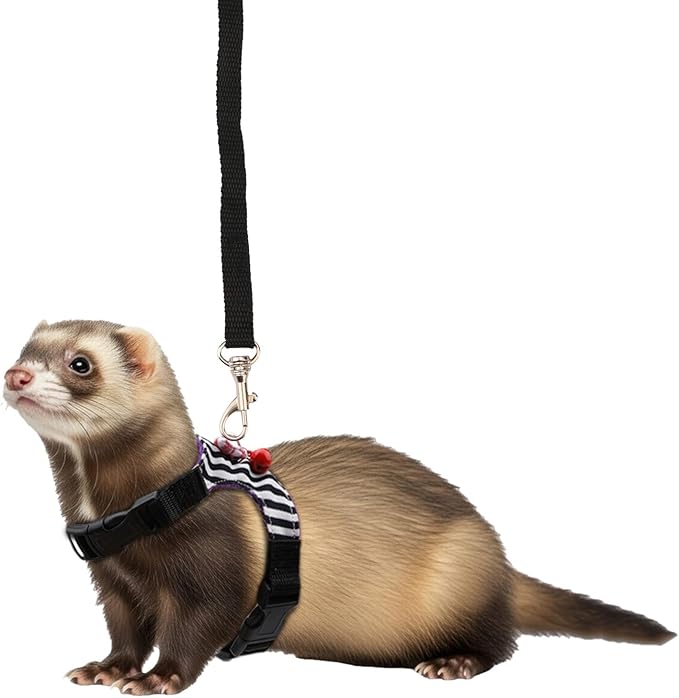 Hypeety Small Animal Harness Vest and Leash Set Soft Mesh Small Pet Harness Hamster Rabbit Chest Back Outdoor Leash Traction Rope for Ferret Guinea Pig Kitten Clothes Accessory (M, Black Stripe)
