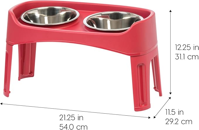 IRIS USA Elevated Dog Bowls Adjustable Stand, Raised Feeding Station with 2 Stainless Steel 64 oz Bowls, Spill Guard, Dual Height 12.25" or 4.63", Made in USA, Red
