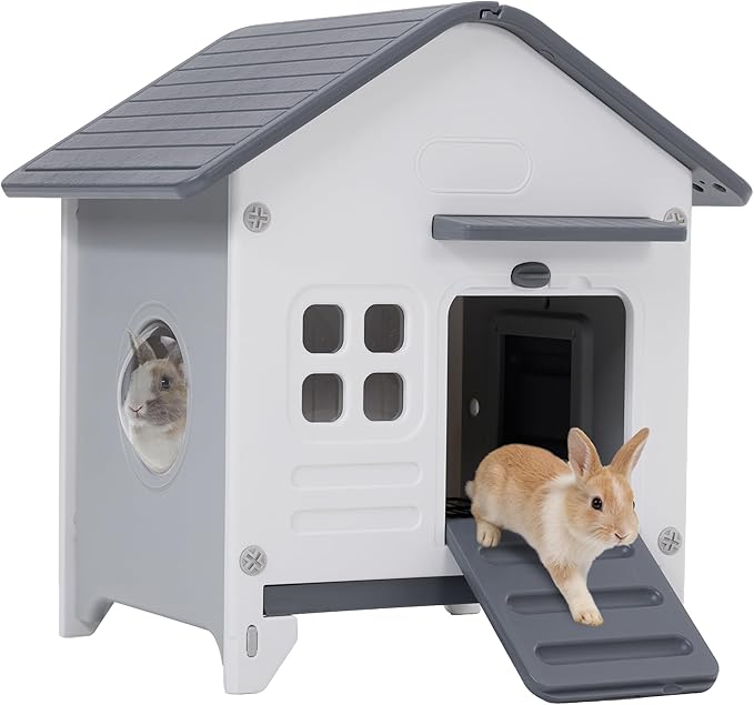 Rockever Plastic Rabbit Cage Outdoor Indoor, Waterproof Rabbit Hutch-Leak-Proof Pull-Out Tray&Chew-Proof, Bunny Cage Guinea Pig Cages, Easy-Clean & Ideal for Small Animal
