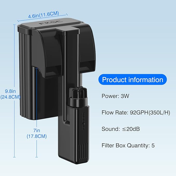 Hang On Back Aquarium Filter Up 20 Gallons Fish Tanks, 3-Stage Multi-Stage Filtration with Surface Skimmer, Ultra Quiet HOB Power Waterfall Filter for Freshwater