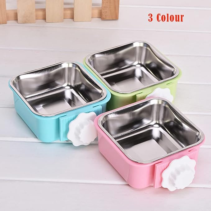Crate Dog Bowl,Removable Stainless Steel Water Food Feeder Bowls Crate Coop Cup,Pet Cage Bowls with Bolt Holder for Cat, Puppy, Birds, Rats, Rabbits Small Animals ((Blue+Green+Pink) Square, Large)