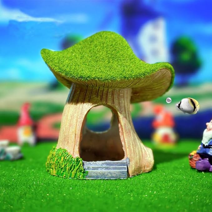 AnRui Green Moss Mushroom Aquarium Decor Cute Fish Tank Decorationss Resin Aquarium Decor Hideout Cave Ornament for Small Fish, Hermit Crab, Shrimp, Goldfish and Reptiles
