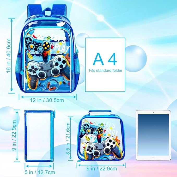 KLFVB 3PCS Clear Backpack for Girls and Boys, Kids See Through Backpacks Stadium Approved, Transparent Bookbag for Elementary