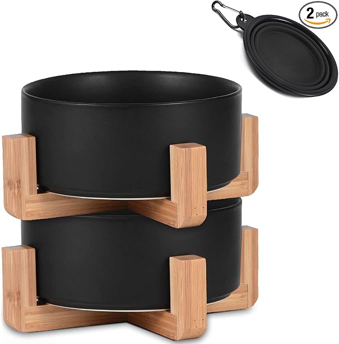 Petygooing Ceramic Black Cat Dog Bowl Set with Stand,Pet Food and Water Dish,Medium Pet Bowls Anti-Slip Set of 2 Cat Bowls-Pet Food Dishes- Small Medium Size Dog (28 OZ /3.6 Cups)