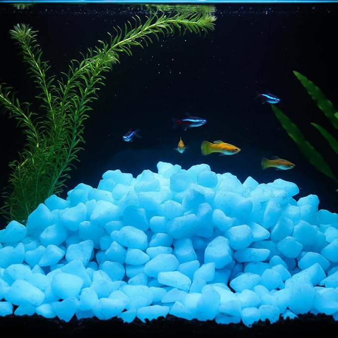 Shiny Stone Glow in The Dark Aquarium Gravel Sand, Sky Blue, 15-22mm | Neon, 305g/0.67lbs, Decorative Rocks for Fish Tank, Fairy Garden, Home Decor