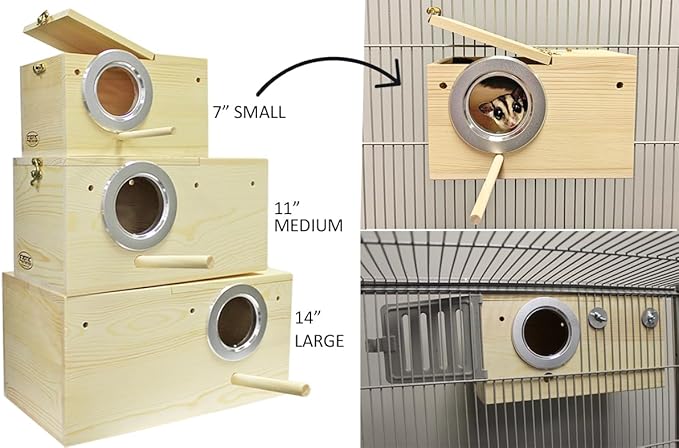 Sturdy Nest Box (L) - Cage Attachment, Hinged Lid, Perching Ledge - for Sugar Glider, Squirrel, Rat, Finch, Parakeet, Lovebird, Parrotlet, Lovebird, Canary, Cockatiel, Other Birds & Small Pets