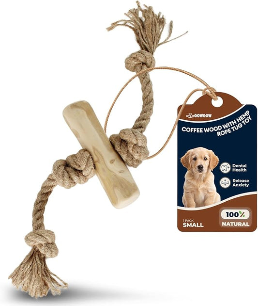 Coffee Wood Chew Toy for Dogs, Size Small, Made of Real Coffee Wood and Hemp Rope - 100% Natural Puppy Toys, Stress Relief, Small Dog Teething Toys
