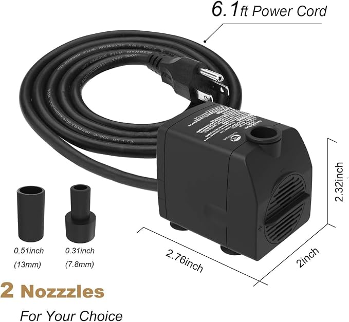 Submersible Water Pump Ultra Quiet with Dry Burning Protection160GPH for Fountains, Hydroponics, Ponds, Aquariums & More …