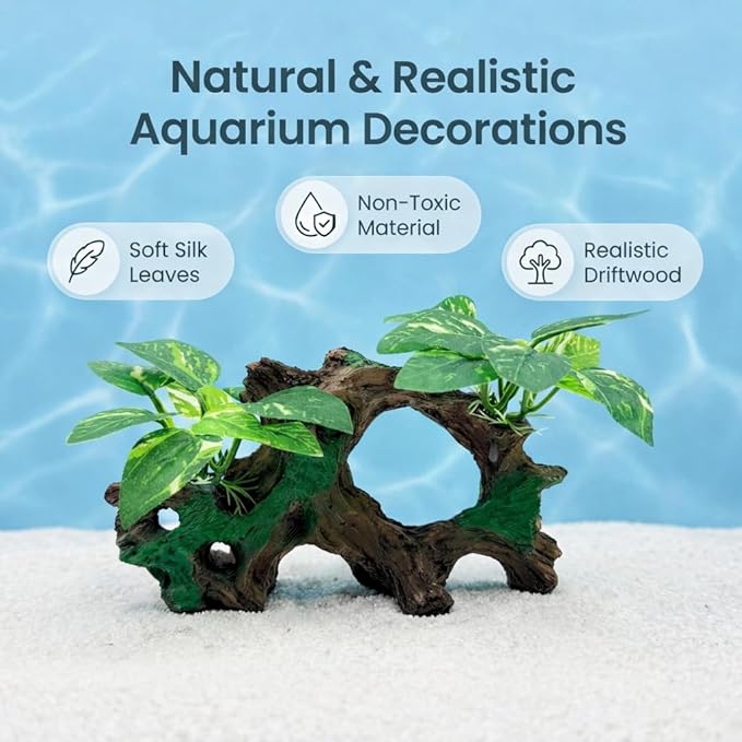 Aquarium Decor Cave with Silk Plants Fish Tank Decorations Ornament Small Aquarium Plants for Betta Goldfish Bowl Artificial Driftwood