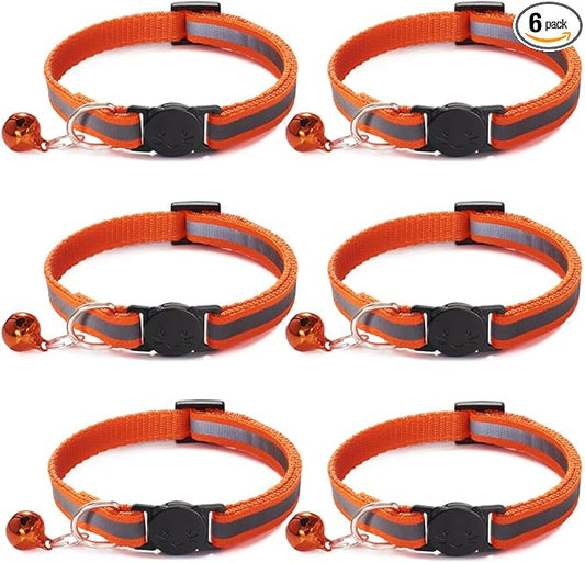 6 Pack Reflective Cat Collar with Bell, Breakaway and Safe Collars for Cats, Nylon, Pet Collar Adjustable19-32cm (Orange)