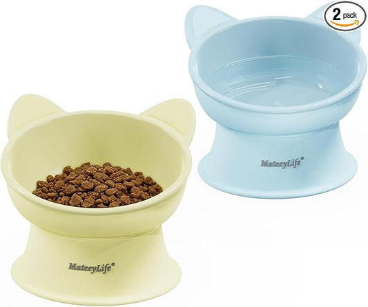 MateeyLife Elevated Cat Bowls, 2P Raised Food and Water Bowl Set for Indoor Cats & Small Dogs, Whisker Fatigue Cat Bowl, Anti Vomit Feeding Pet Bowls, 6 oz Each, Dishwasher Safe - Blue & Yellow