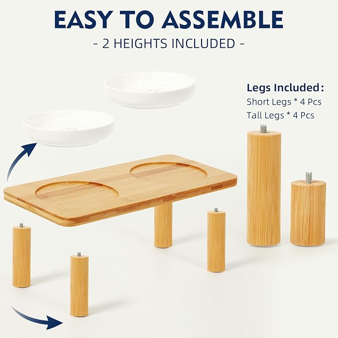 DoogCat Elevated Cat Bowls for Indoor Cats – Raised Bamboo Cat Food Table with 2 Ceramic Dishes, Adjustable Height (4.25"/3.07"), Whisker Friendly Feeding Station
