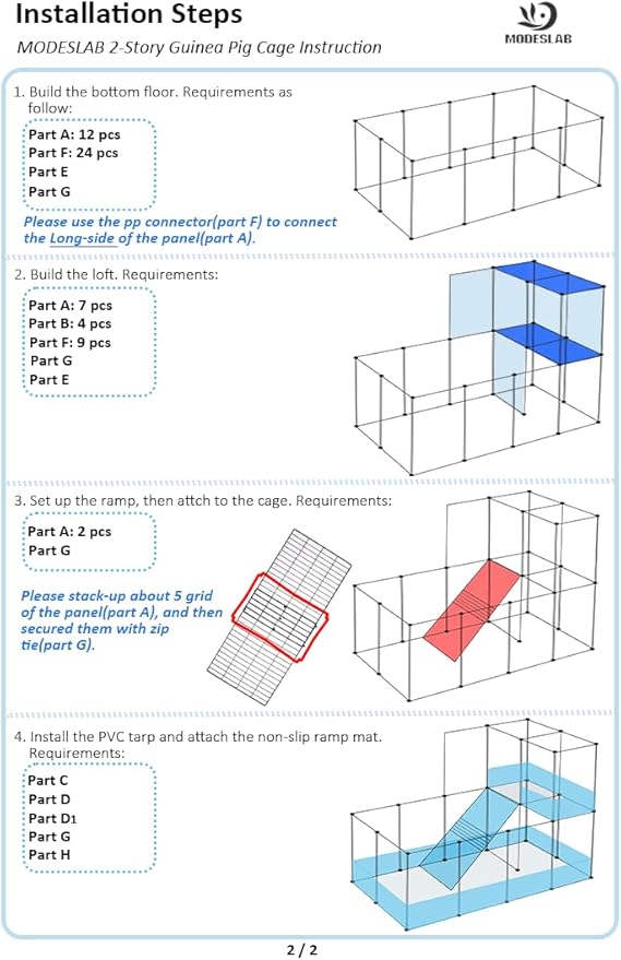 2-Story Guinea Pig Cages with Tarp, Large C&C Loft Cage for Rabbit Bunny Puppy Small Animal Indoor Dog Playpen Pet Exercise Enclosure, 25 Panels
