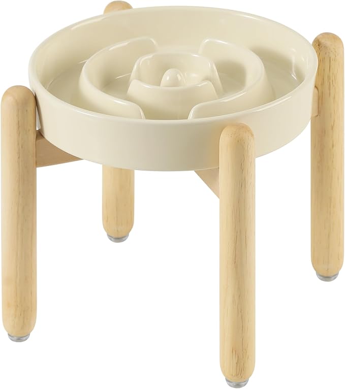 Havniva Ceramic 1.6 Cup Raised Slow Feeder Dog Bowl Set, Elevated Wooden Stand for Medium and Large Dog, 8.2inch Puzzle Slow Dish, Anti-Gulping(Light Yellow, Single Bowl+ Stand)