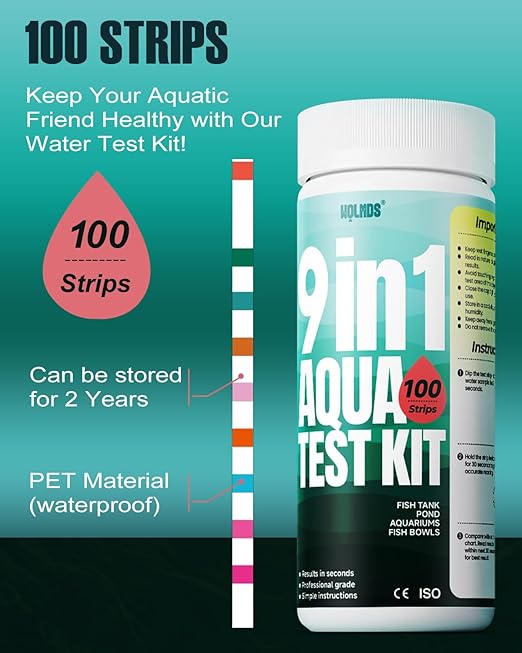 Aquarium Test Strips - 9-in-1 Aquarium Water Test Kit: Fish Tank Testing Kit for Freshwater & Saltwater, 100 Strips,Fast & Accurate Ammonia, pH, Hardness, & More,Lead Water Test Kit