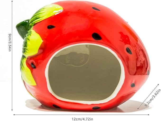 Besimple Hamster Hideout, Small Animal Hideout Ceramic Pet House, Adorable Shape Hamster House Cave Mini Hut Cage Critter Bath House for Chinchilla(Strawberry)