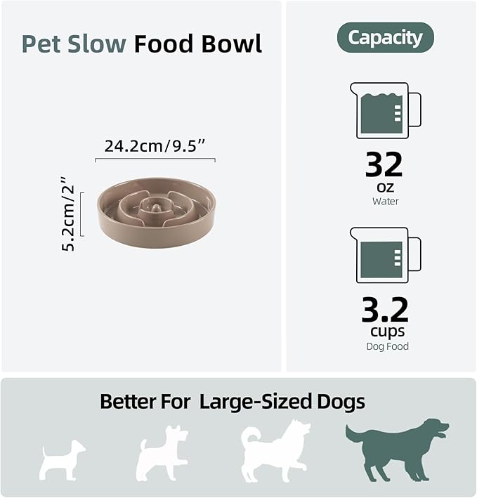 Havniva Ceramic 3.2 Cup Slow Feeder Dog Bowl for Large Dog, 9.5inch Puzzle Food Dish, Anti-Gulping, Stop Bloat, Preventing Choking (Single Bowl-Brown Coffee)