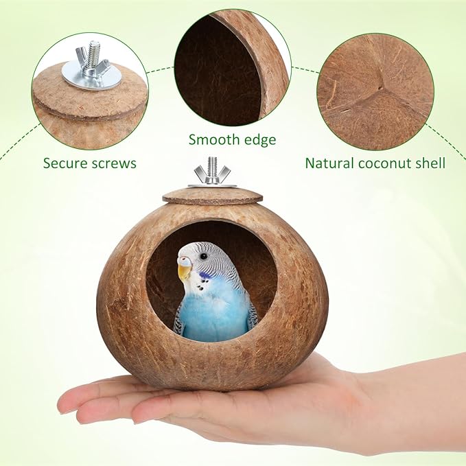 POPETPOP Natural Coconut Fiber Hanging Birdhouse for Cage - Coconut Shell Pet Bird Nest, Hanging Bird Breeding Nest for Parrot Parakeet Lovebird Finch Canary